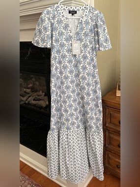 Italian Cotton Flounce Sleeve Blue Floral Magari Maxi Dress NEW Large